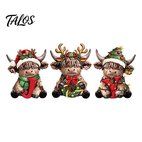 Indoor Holiday Scene Decorations 2/3Pcs Christmas Highland Cow Wooden Tabletop Sign, 2D Flat Yak Ornament Figurine with Garland Bow Hat, Festive