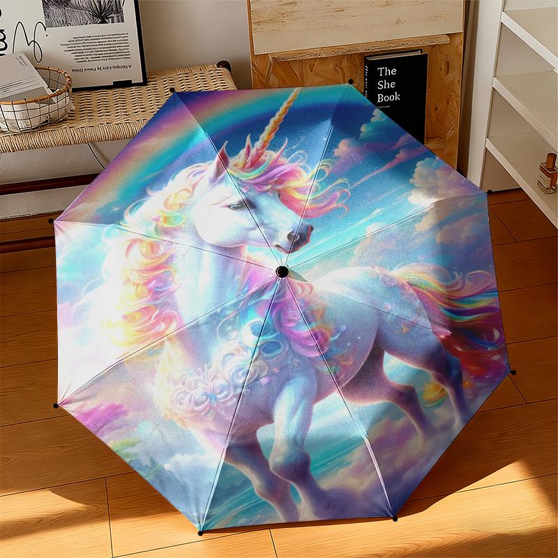 1pc Dreamy Rainbow Unicorn Umbrella Portable Folding Umbrella Iron Frame Hole Bone Structure Outdoor Home Umbrella