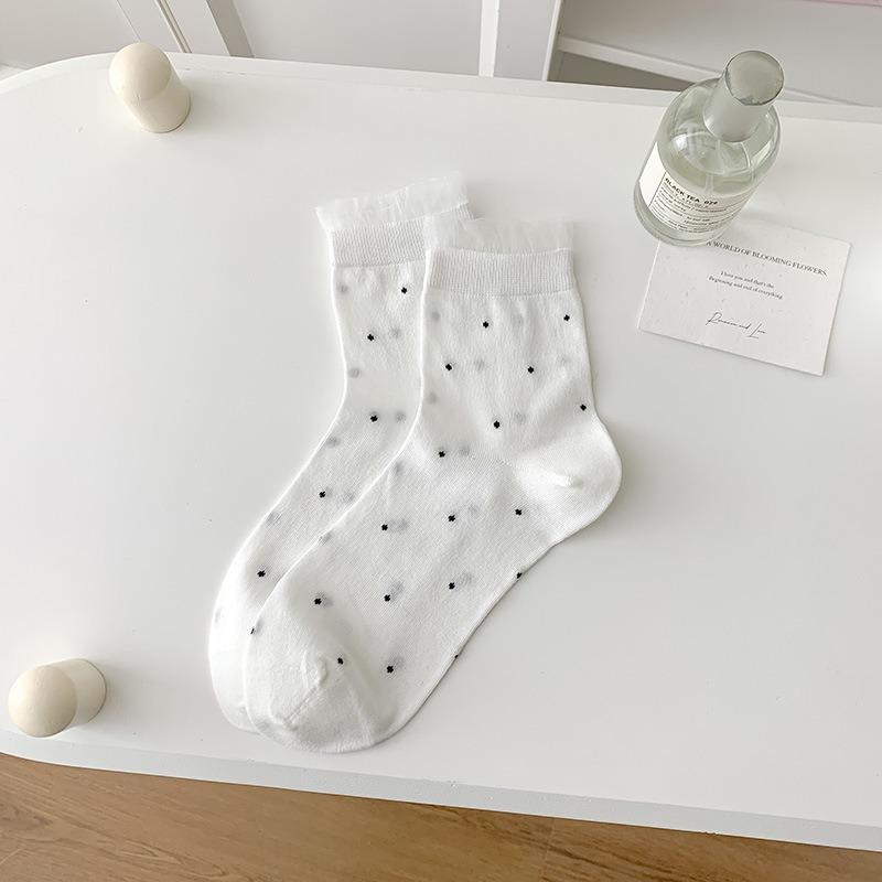 

Female Spring and Summer Thin Sweet Polka Dot Lace Lace Boneless Tube Stack Socks 1 pair білий