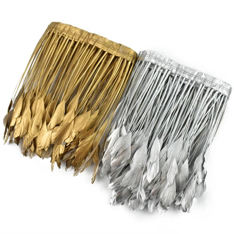 2Yards Golden Goose Feather Trim Tassel Fringe Stripped Coque Gold Silver Geese RibbonTape Wedding Decoration Handicraft Clothes