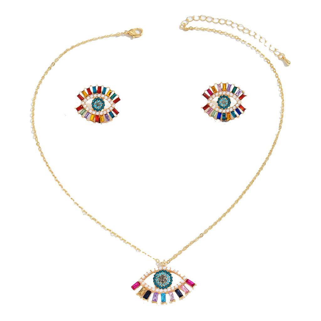 Hip Hop Simple Wind Necklace Earrings Women's Personality Angel's Eye Design Diamond Earrings Versatile Long Necklace