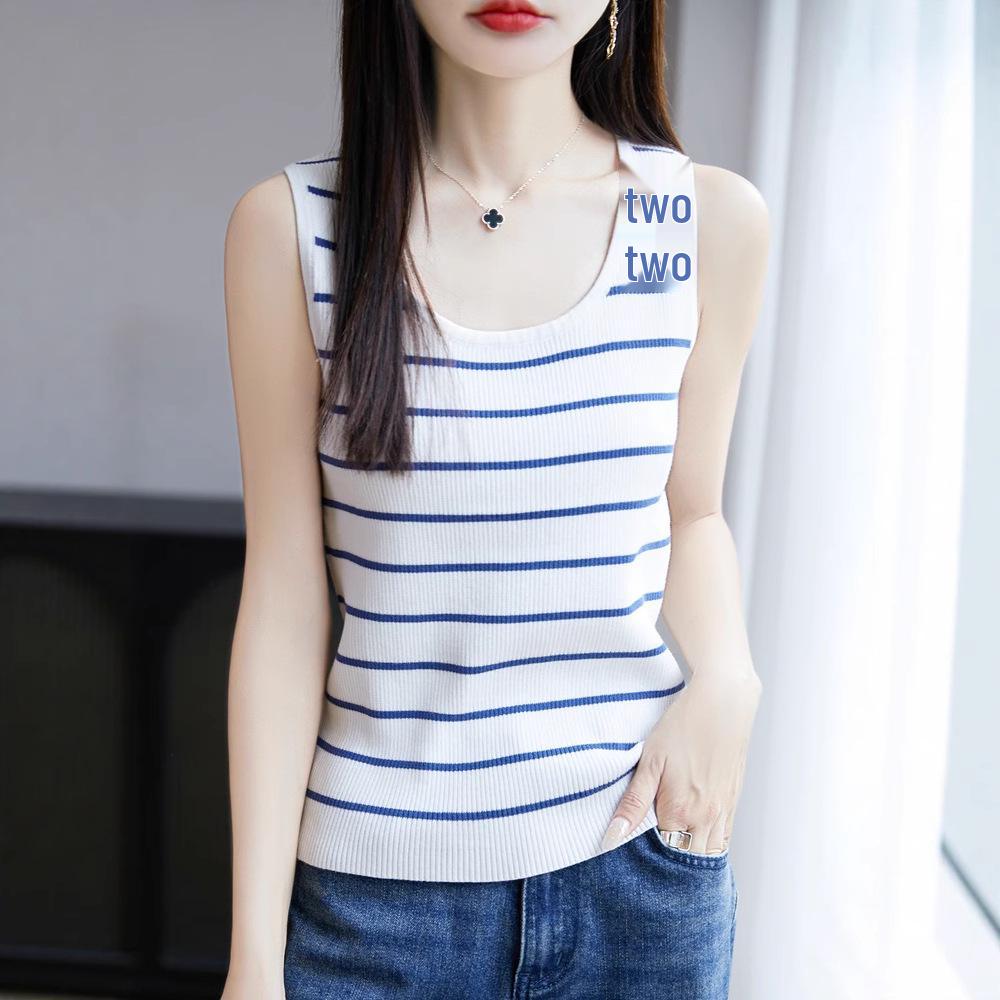 2025 Summer Women's Pure Cotton Striped U-neck Knitted Tank Top