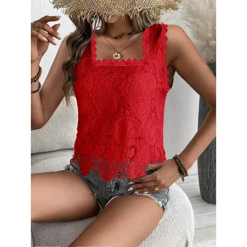 Summer New Style Sheer Backless Square-neck Sleeveless Lace T-shirt for Women