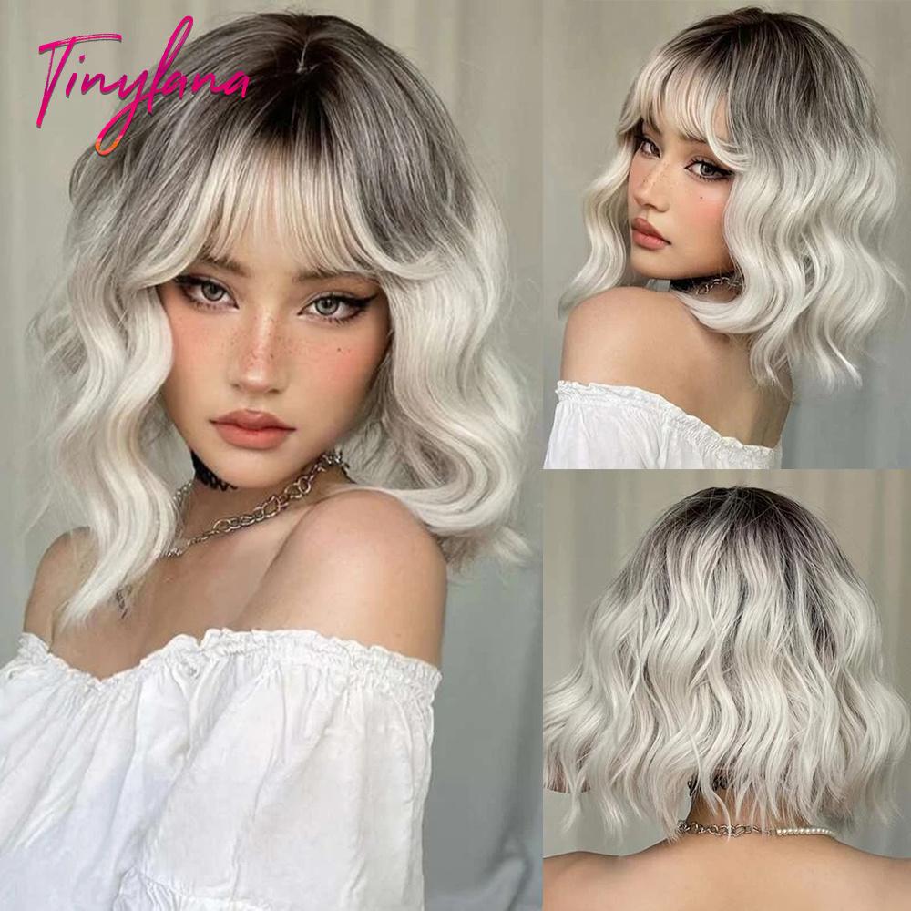 Pink Purple Mixed Blue Curly Wavy Synthetic Wigs with Bangs for Women Colorful Party Cosplay Natural Hair Wig Heat Resistant Use