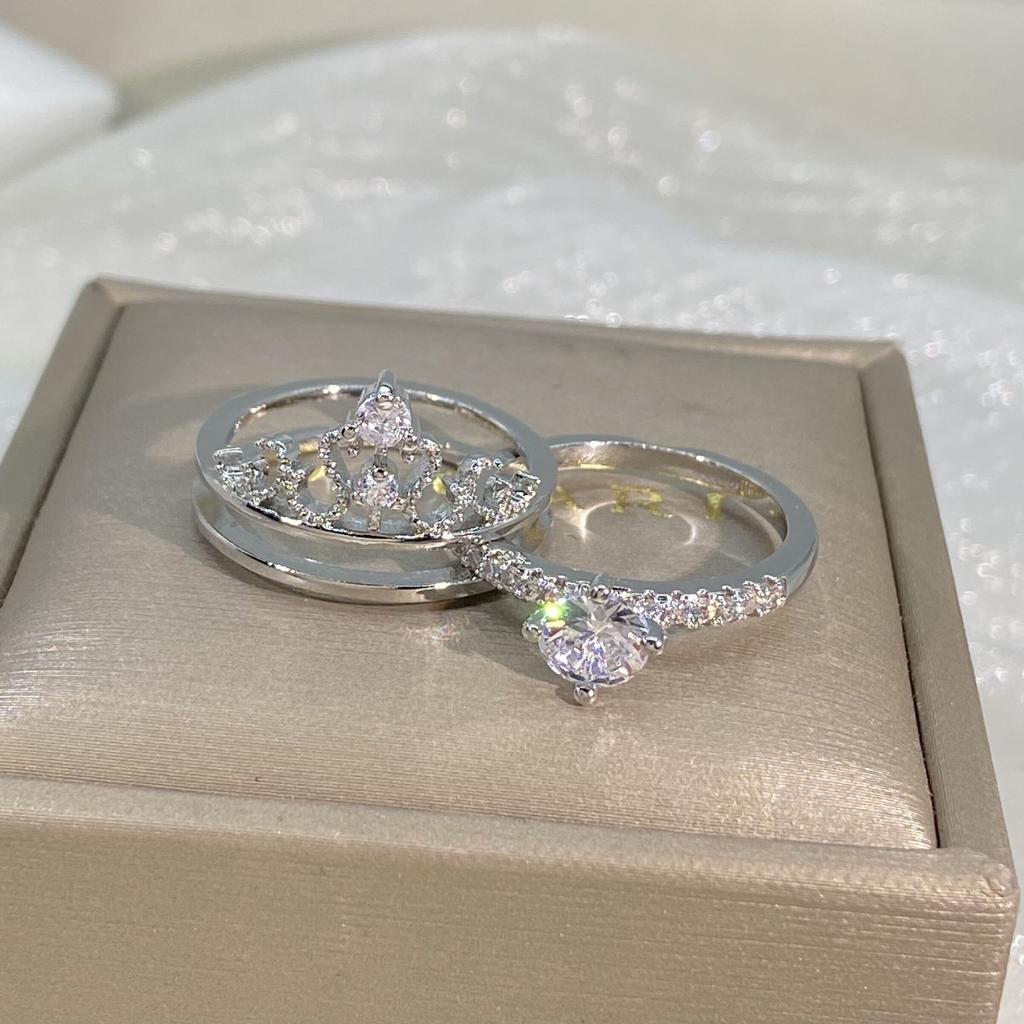 White Copper Hand Decoration Ring Double Layer Crown Women's 2 Piece Combination Ring