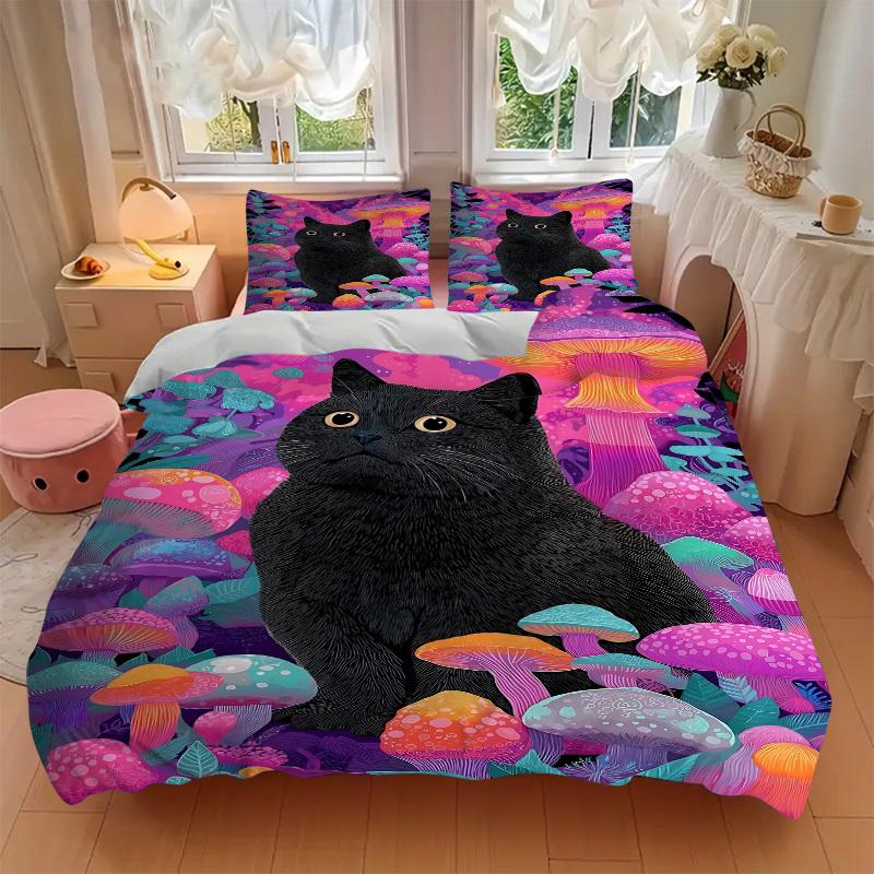 3pcs Bedding Set Mushroom Fantasy Cat Includes 1 Comforter + 2 Pillowcases, Without Pillow Inserts, Soft Comfortable, Lightweight Breathable027