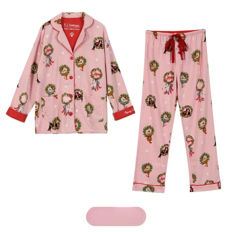 Women's Cotton Print Autumn Winter Long Sleeve Ladies Sleepwear 2 Pcs with Pant Turn Down Collar Single Breasted Loungewear