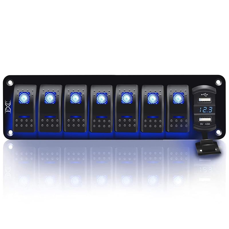 Purishion 4 Gang Rocker Switch Aluminum Panel with Voltmeter & Dual USB(4.8 Amps) Fast Charging, Blue Backlit Led, Pre-Wired IP65 Waterproof for