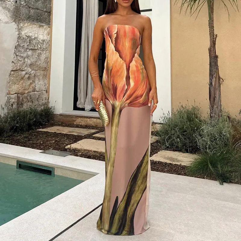 

Women off-Neck Print Tube Top Jumpsuit Long dress One Collar Printed Strapless Dress