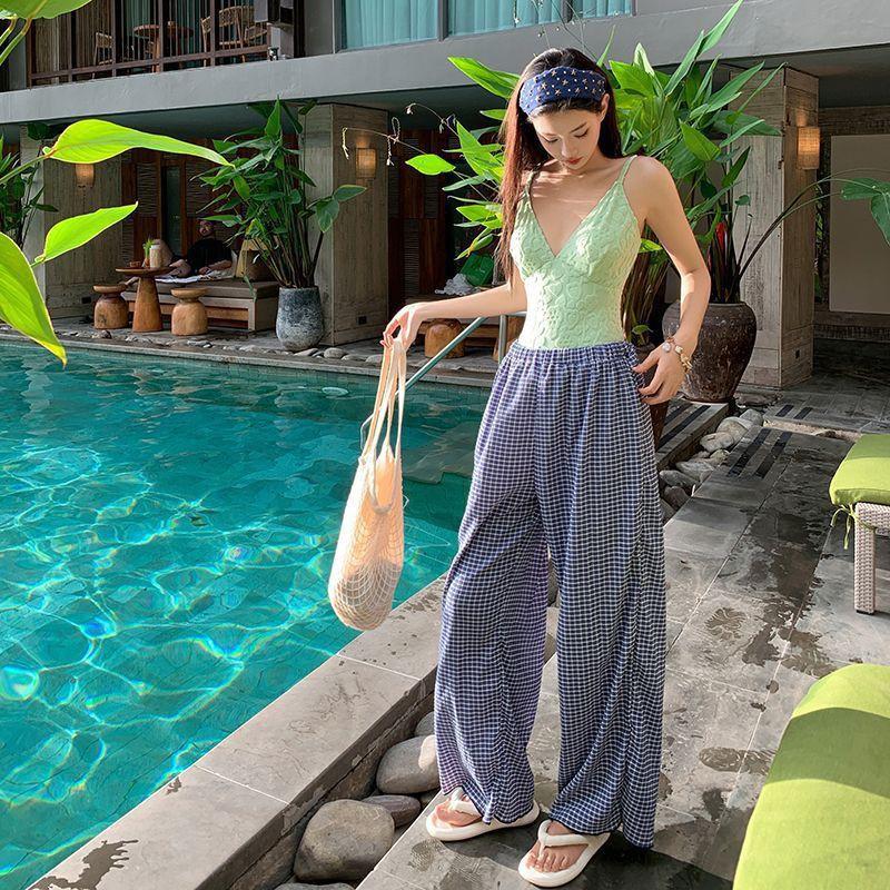Green One-piece Swimming Suit Retro Plaid Wide-leg Pants Women s Slimming Loose Lazy Casual Two-piece Set L