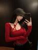 2025 Pure Desire Black Lace Halterneck Slim-fit Long-sleeve Women's Top