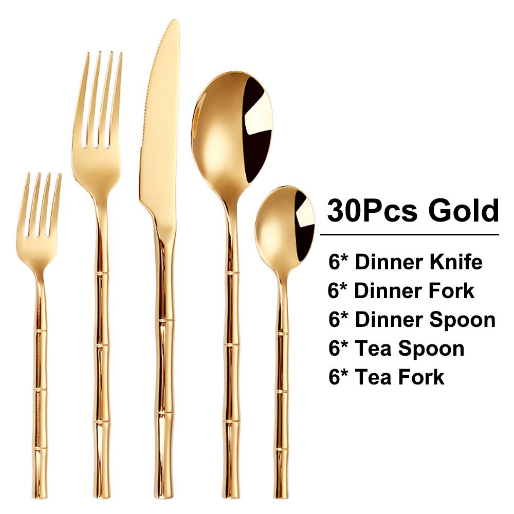 6/24/30Pcs Stainless Steel 304 Tableware Gold Cutlery Set Western Bamboo Shaped Handle Knife Fork Spoon Mirror Dinner Set