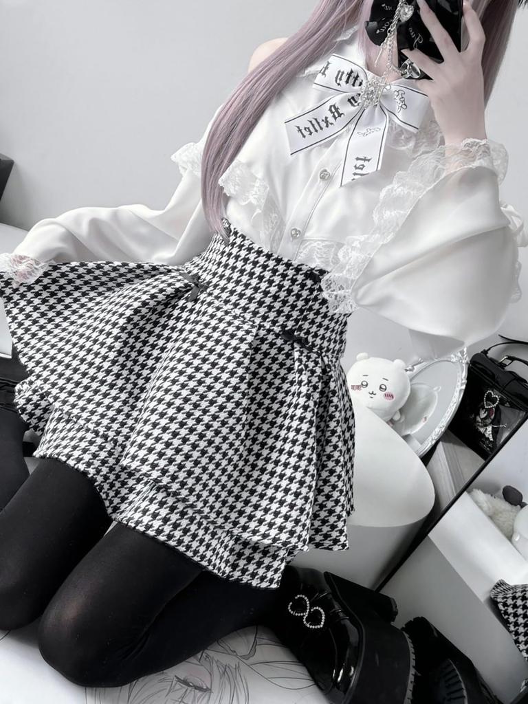 LAVASEON Karierte Mini Stufenrock mit Mori-Schleife, Rüschen, Länge, Niedlich, Damen, Massenproduktion, Subkultur, Schulstil, Rock,