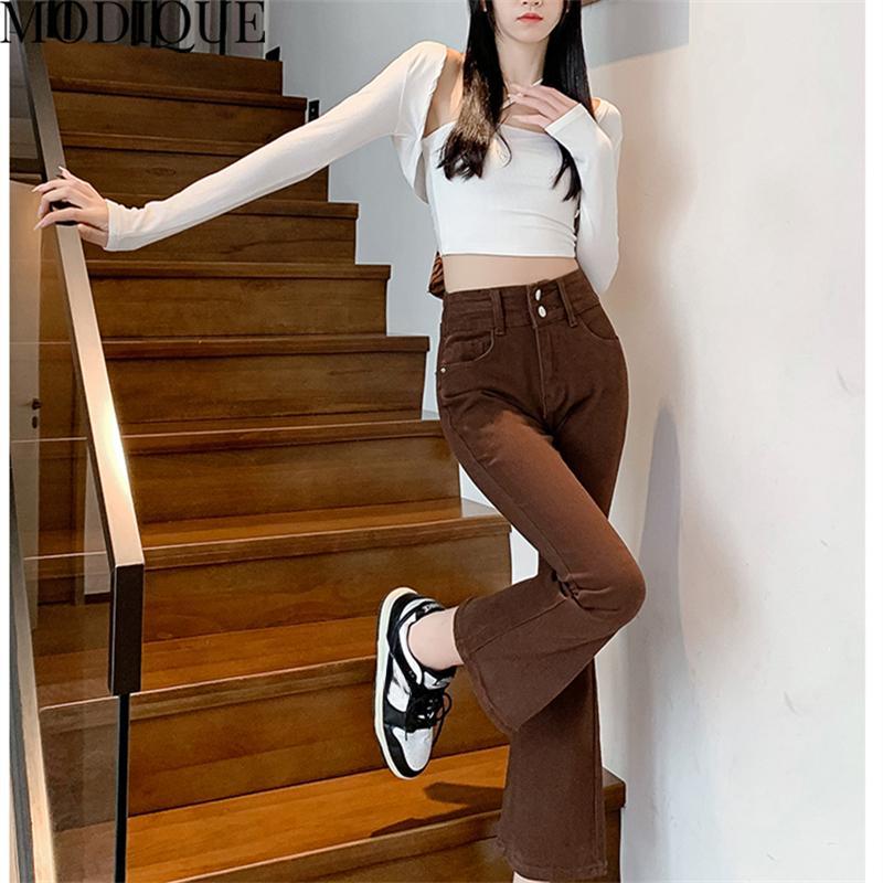 MODIQUE Autumn Plus Size New Women Basics Elastiske Bell-Bottoms Dame Høy midje Full Lengde Flare Bukser Dame Uformelle lange denim jeans