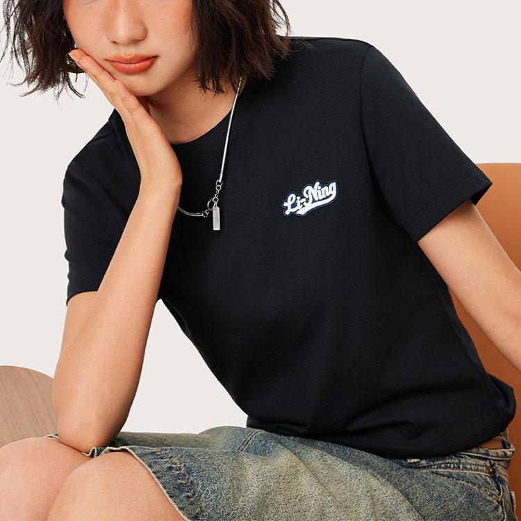Li-Ning Round Neck Letter Casual Knitted Sports Short Sleeve T-Shirt Women Tops Black AHSU530-3