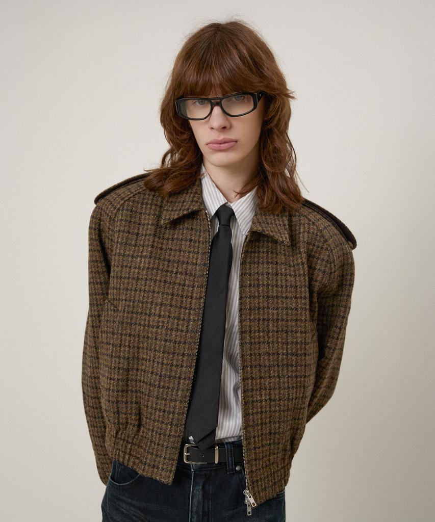 Lmood Baum Harris Tweed Wool Blouson Jacket Brown Check