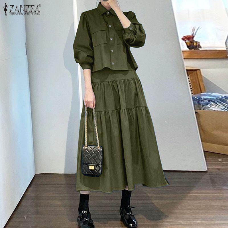 ZANZEA Women Long Sleeve Blouse and Long Skirts Casual Two Piece Suit Sets