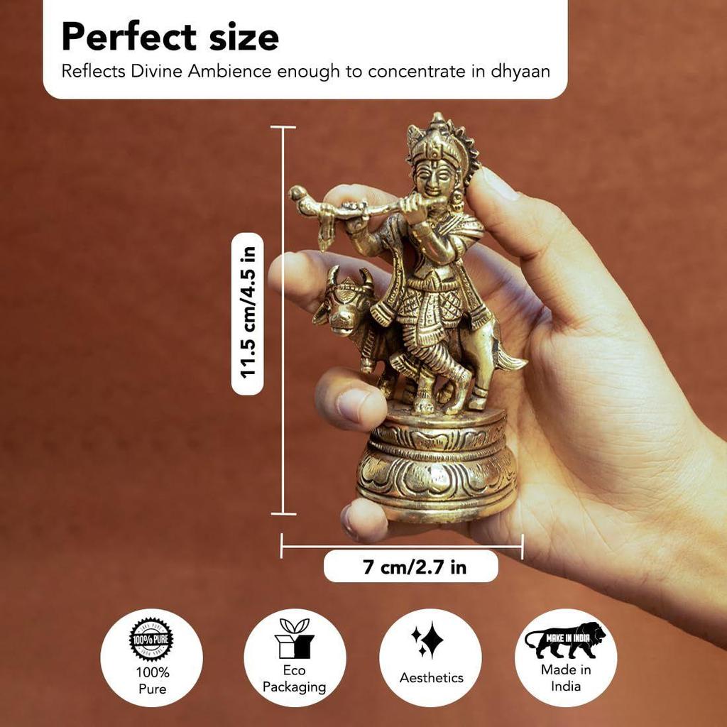 Ekhasa 100% Pure Brass Lord Krishna Idol with Flute | Shree Lord Krishna Statue for Home Decor