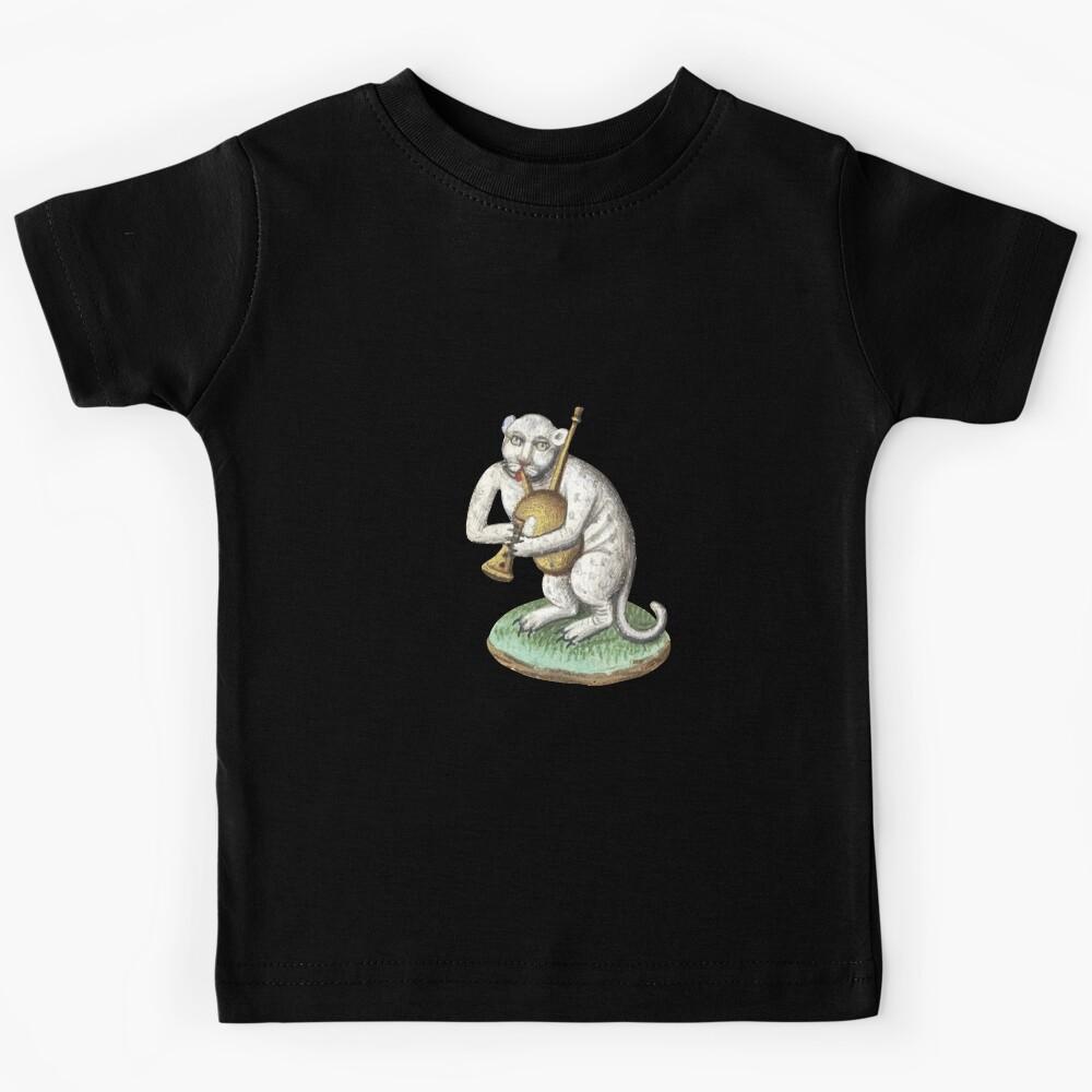Medieval white cat leopard animal creature Playing Music - Middle Ages Art Kids T-Shirt 150