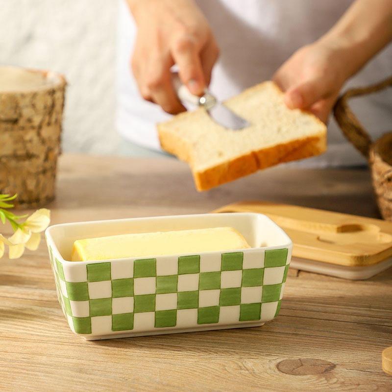 Ceramic Butter Dish with Wooden Lid, Large Butters Container Keeper Storage with Stainless Steel Knife Spreader