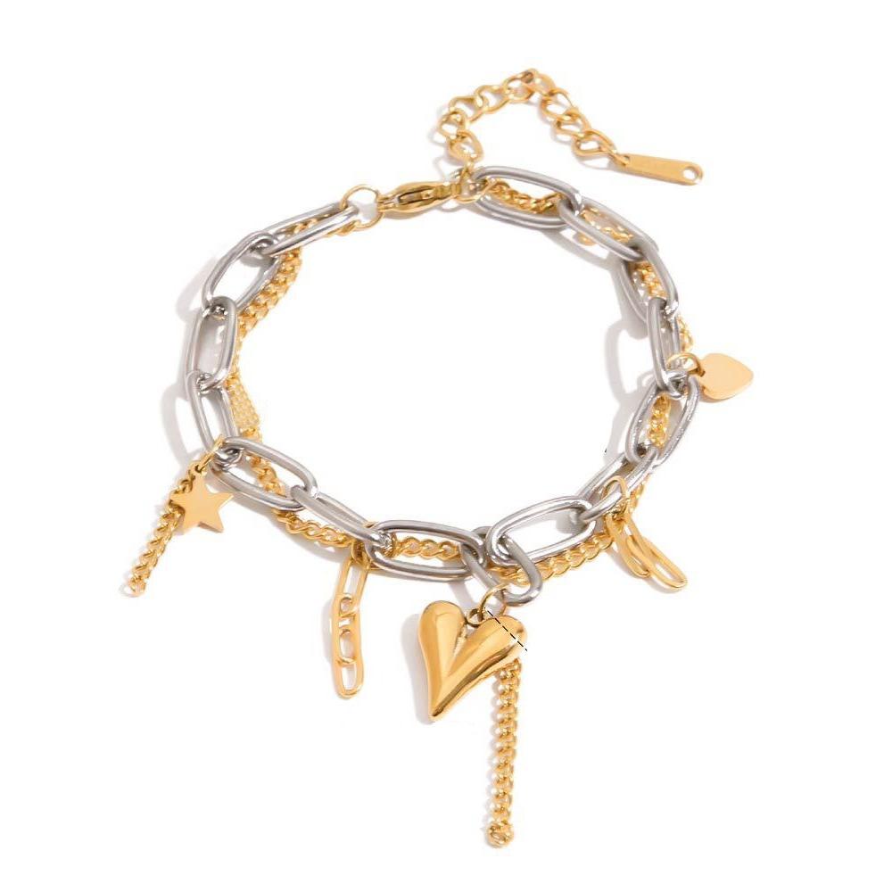 Cuban Chain Heart Charm Bracelet Stainless Steel Layered Bracelet Romantic Jewelry