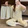 Xiaoqing Fresh Wind Matcha Green Lace Premium Sense Imitation Cotton Pajamas Women's Summer Short Sleeve Three-piece Set