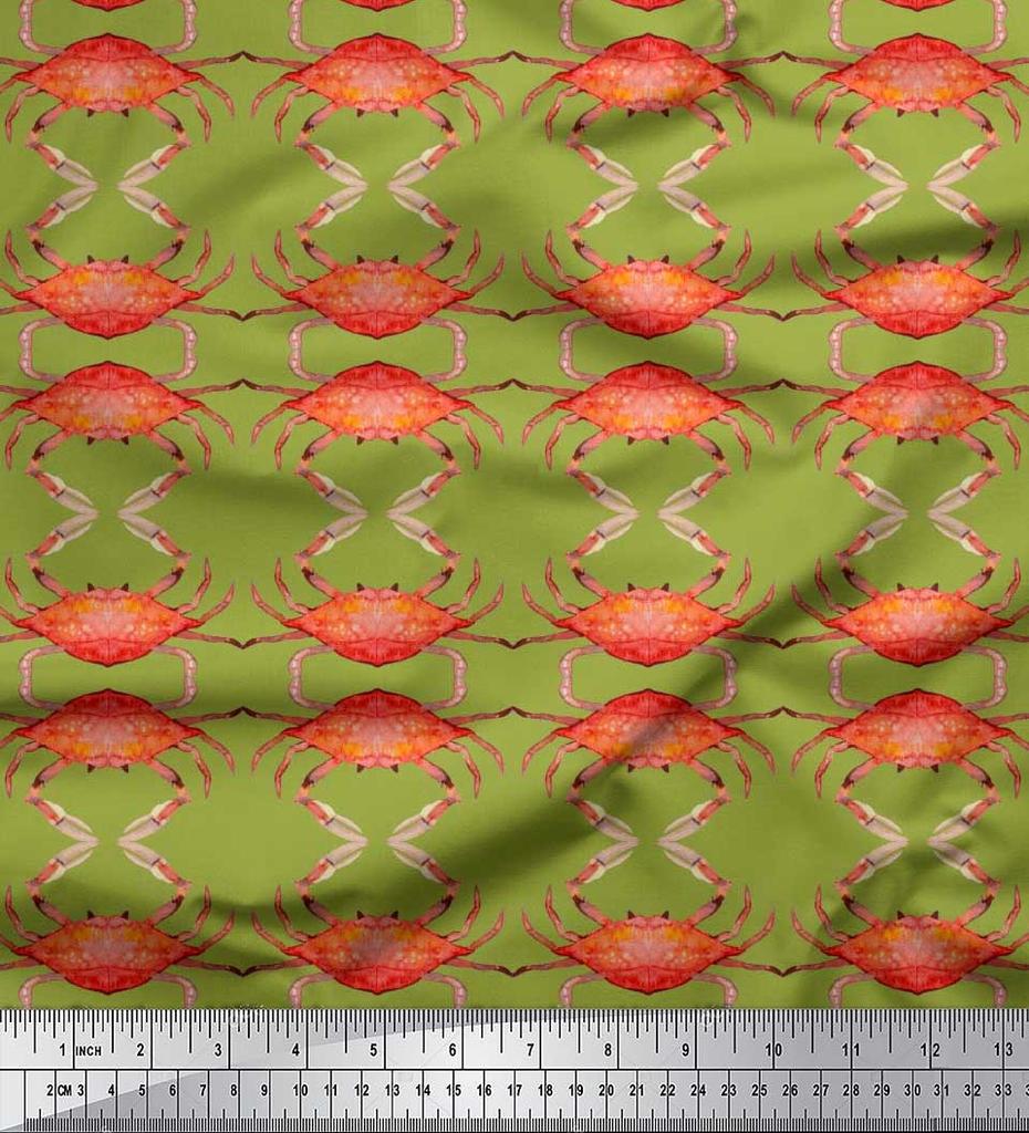Soimoi Beige Japan Crepe Satin Fabric Crabs Ocean Print Fabric by the metre 42 Inch