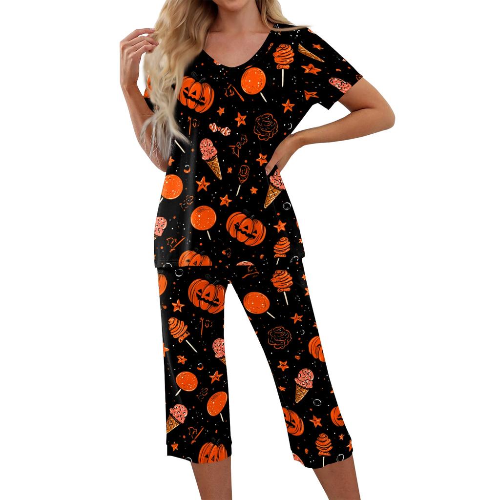 Women Two Piece Set Halloween Print Short Sleeve Top and Capri Pants Lounge Wear Casual Pajama Set
