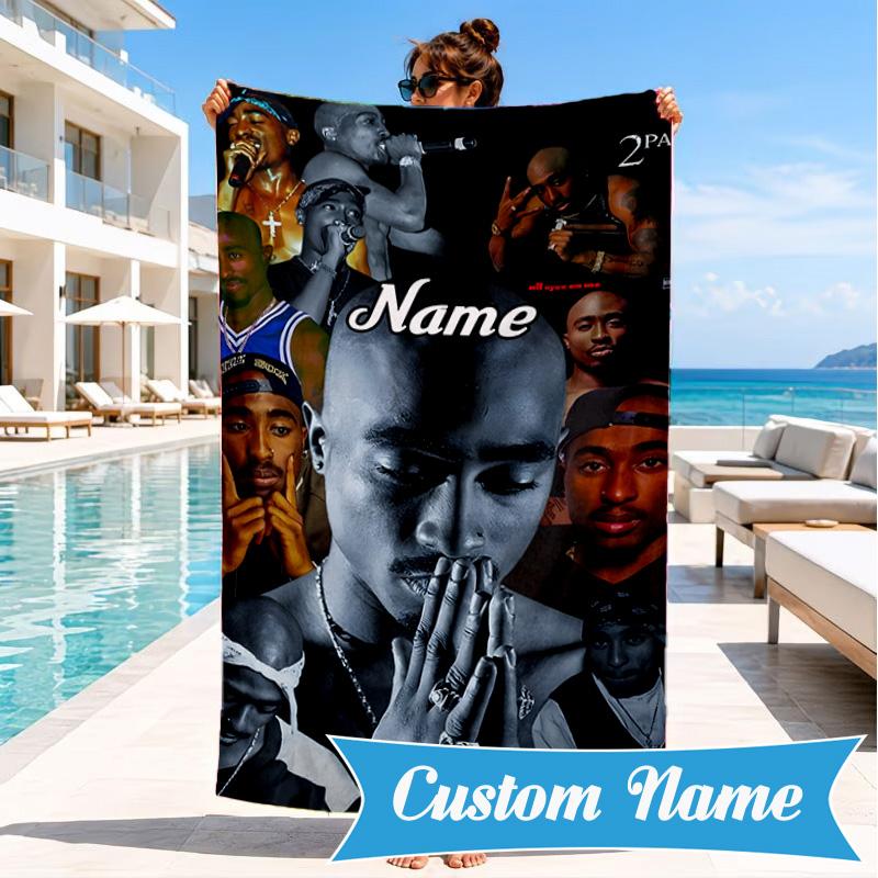 Custom Name Rap Legend Tupac Heart In Space Adventure Microfiber Beach Towel, Lightweight for Summer Travel, Swimming Pool Fan Gift