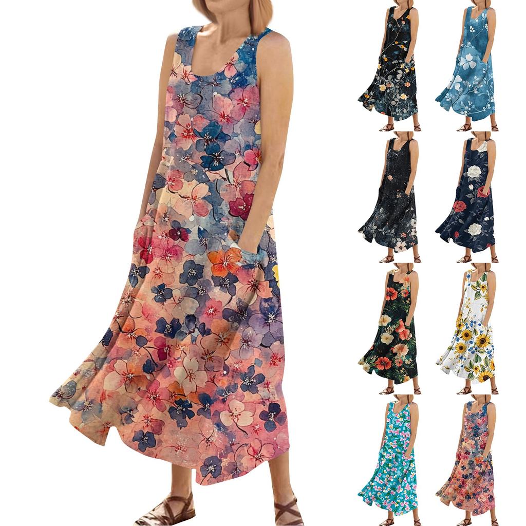 Robe d'été décontractée pour femmes, imprimé floral, sans manches, col rond, poches