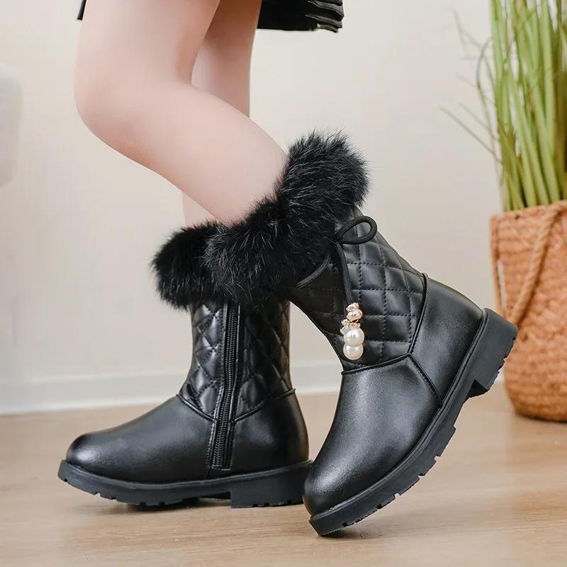 

Girls Leather Snow Boots Warm Shoes for Winter Kids Princess Boots with Fur 2024 New Fashion Sweet Girls Long Boots with Bow 27