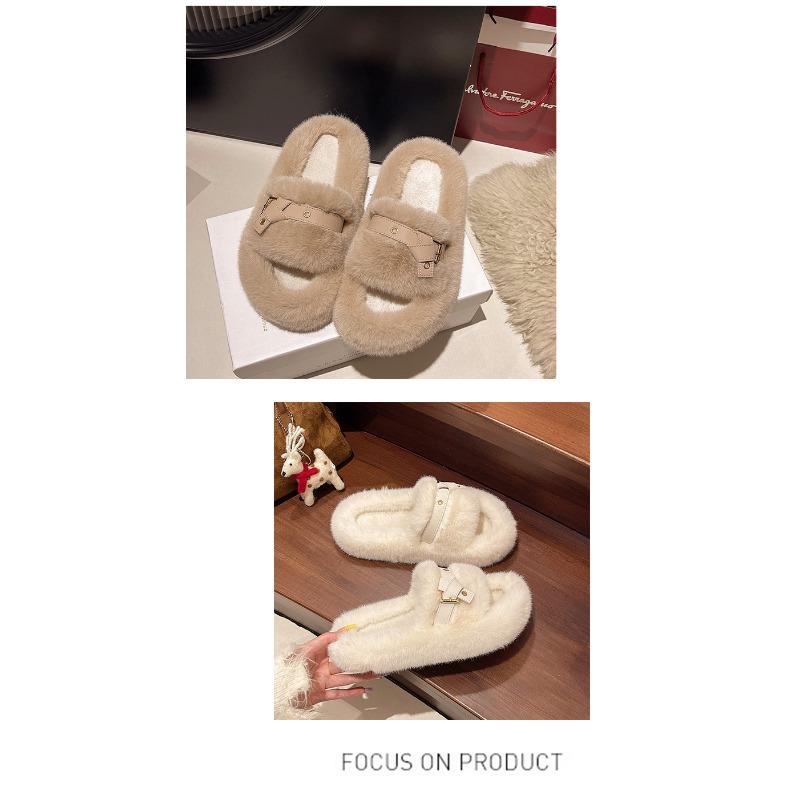Women's Autumn and Winter New Fur Slippers Fashion Wear Belt Buckle Cotton Slippers