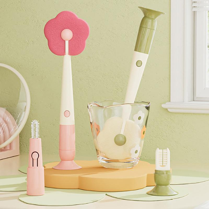 1 szt. Szczotka do czyszczenia kubków 3 w 1 w kształcie kwiatka z długim uchwytem, podstawką z przyssawką, wyjmowaną szczotką do szczelin, szczotką do kubków, zmywakami do kubków