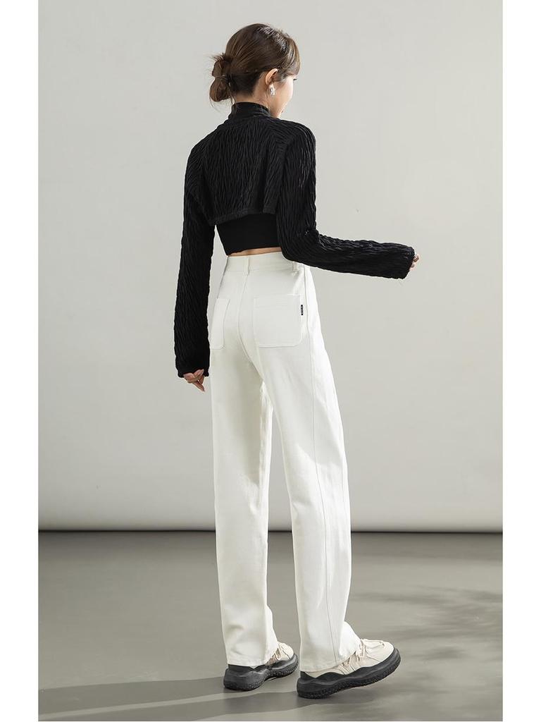 Women's Korean Style High Waist White Denim Pants - Loose Fit, Spring 2026, Creative Wash.