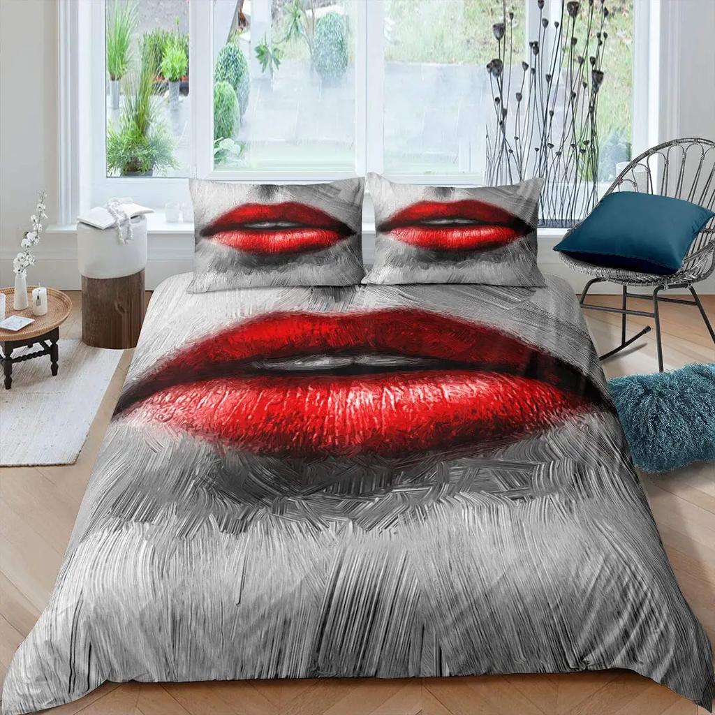 Red Lip King Queen Duvet Cover 3D Mouth Pattern Bedding Set For Adult Couples Lipstick Black Golden 2/3Pcs Polyester Quilt Cover