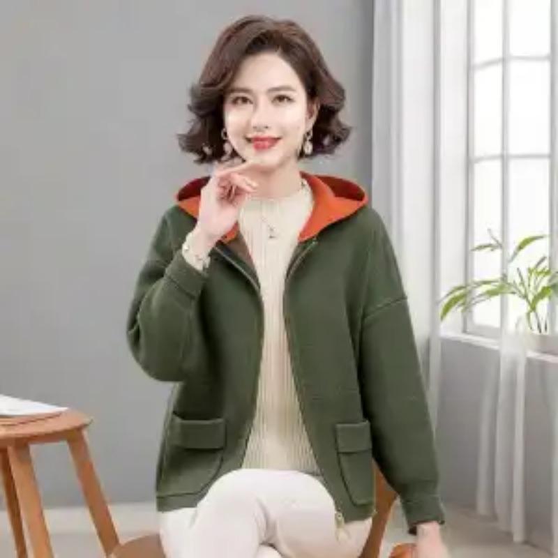 Mom Wear Autumn Winter Knitted Cardigan Top Middle-aged Women's Fashionable Jacket Hoodie Versatile Loose