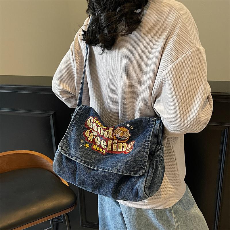 Large Capacity Denim Bag Student Class Crossbody Bag Letter Embroidery Women Commuter Tote Bag