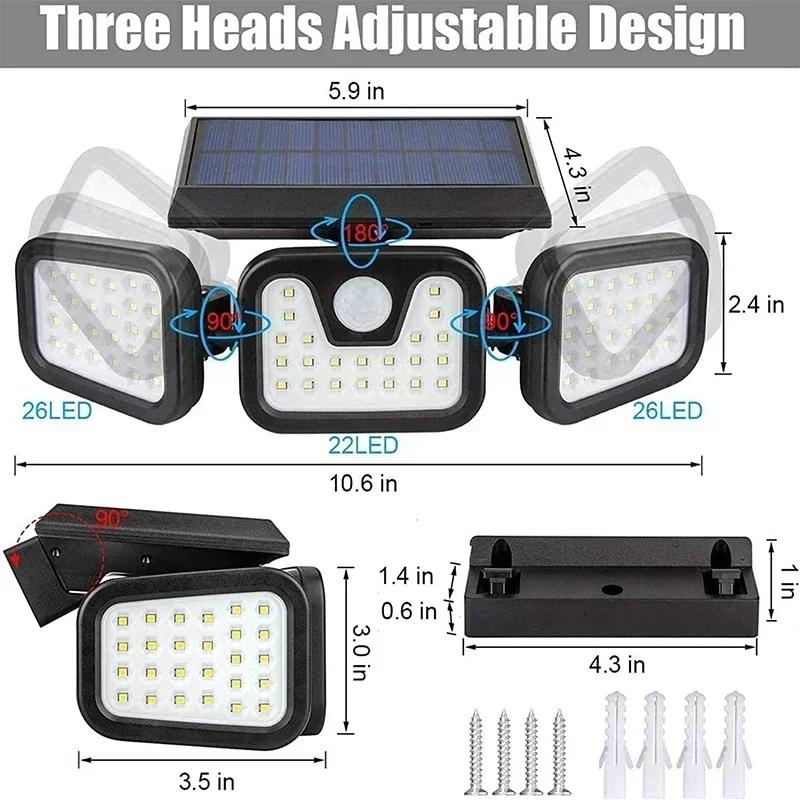 3 Adjustable Head Solar PIR Motion Sensor Security Lights 74 LED Waterproof Lamp