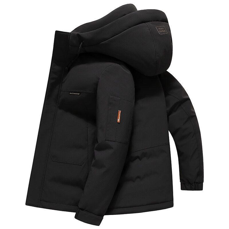 Męska Zimowa Kurtka Puchowa z Kapturem - Ciepła Odzież Wierzchnia w Kolorze Czarnym, Imbirowym, Żółtym