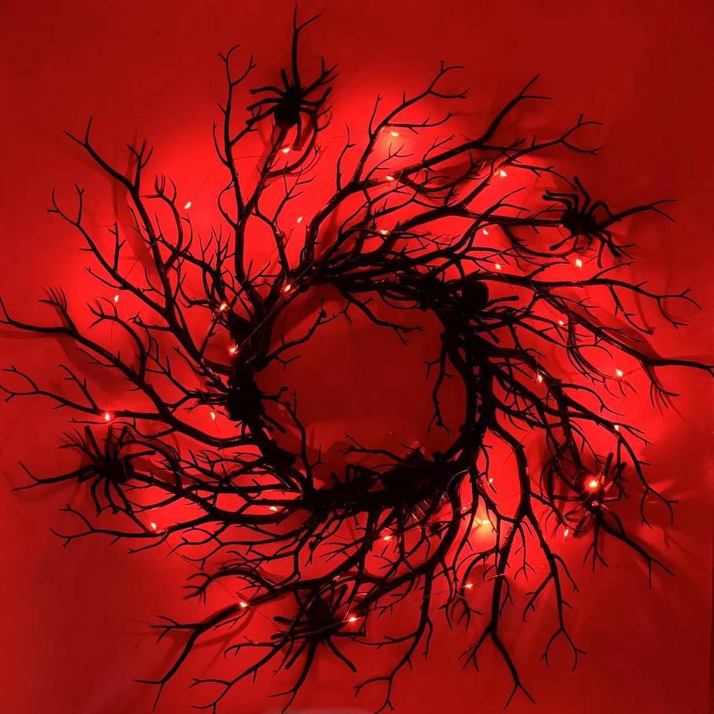 Halloween Decoration Wreath Black Branch with Spider LED Strings Light Battery Powered for Party Home Front Door Wall Decor