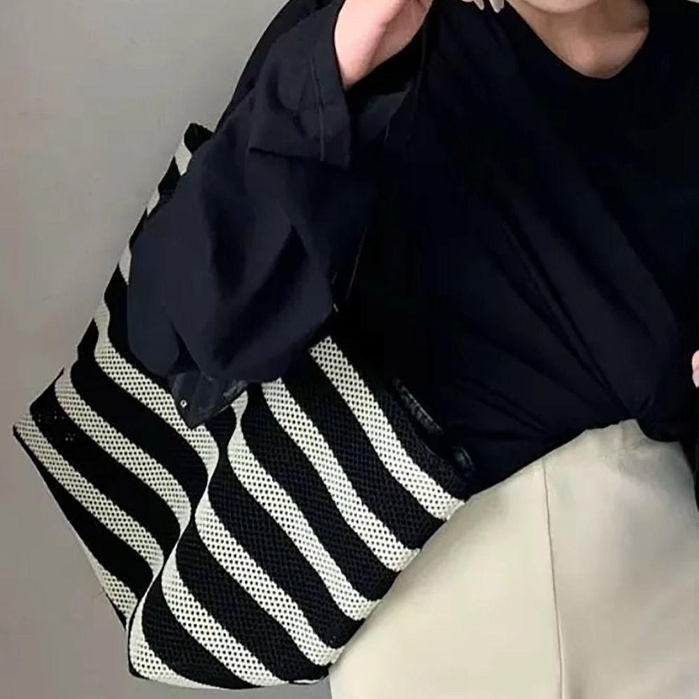 Korean Style Black and White Striped Tote Bag Large Capacity Hollow Shoulder Bag Girls