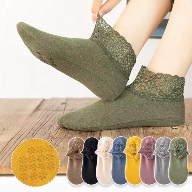 New Autumn Winter Women's Ankle Socks Lace Edged Solid Color Velvet Warm Soft Non Slip Cute Elegant Daily Dating Girls Socks