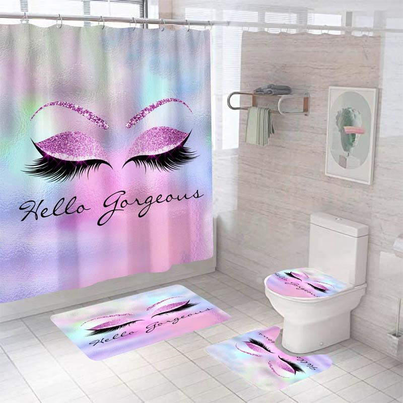 

Girly Rose Gold Eyelash Makeup Shower Curtain Waterproof Toilet Cover Non-Slip Bath Mat Rug Carpet Toilet Seat Bathroom Sets W60H190(CM)-1 Pcs