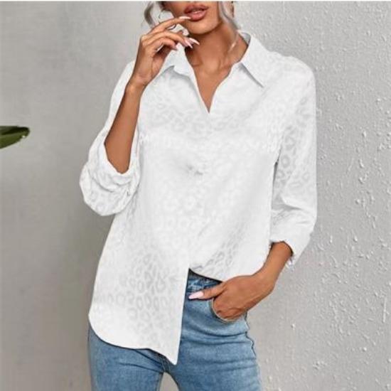 QICED Women's Spring Summer Lapel Open Button Leopard Print Jacquard Shirt Temperament Commuter Long Sleeve Shirt