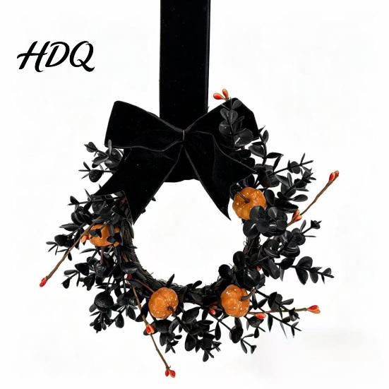 Pumpkin Wreath Halloween for Front Door 9 Inch with Black Entrance Decor