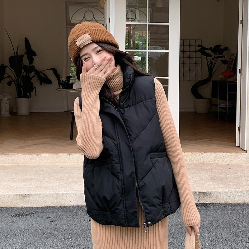 Women Autumn Winter Solid Color Thicken Outwear Cotton Padded Stand Collar Sleeveless Warm Pocket Zipper Jacket Coat Vest