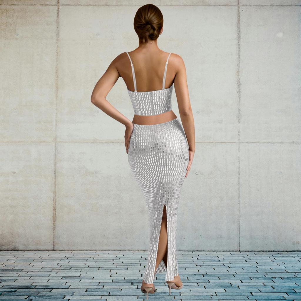 C7196 European and American Fashion Women's Sleeveless Spaghetti Strap Hot Drilling Long Dress Two-Piece Set
