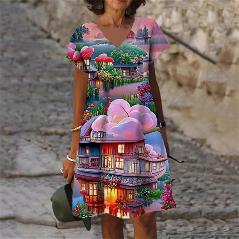 Fantasy 3D Print Women Dress Fashion Elegant Sweet Casual V-Neck Short Sleeve A-Line Dress Oversized Summer Scenery Dress