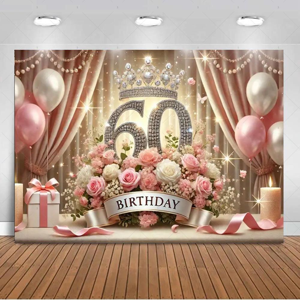 60 Years Old Backdrop Supplies Gold Pink Balloons Glitter Background Banner 60th Birthday Party Decorations Photography Props