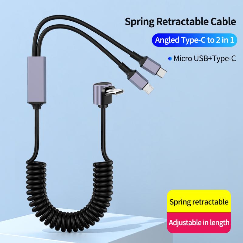 100W Super Fast Charging 2-in-1 Retractable USB-C & Type-C Coiled Data Cable 90-Degree Angled Design TPU Material for IPhone17